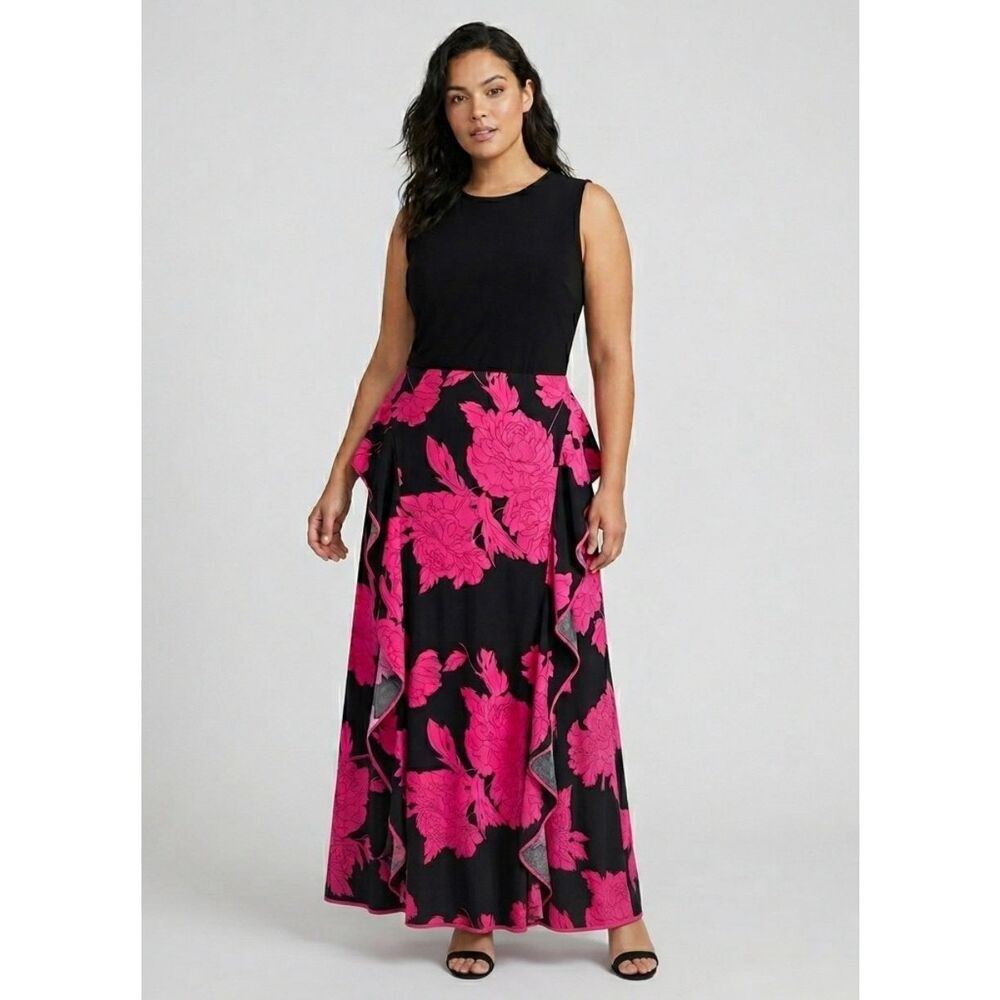 BTFBM Floral Maxi Dress XL NWT Black Pink Rose Ruffle Trim Sleeveless Summer
